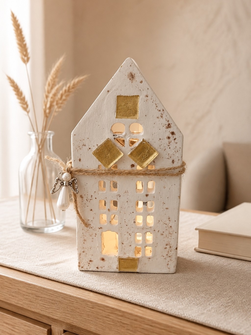 White and Gold Barn Tealight House Candle Holder